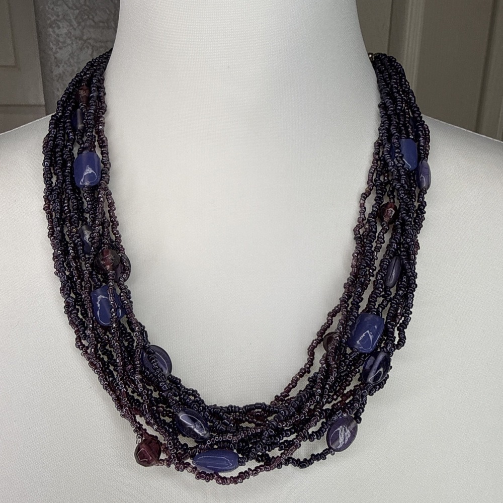 Vintage‎ 90s Plum Purple Glass Bead Multi Strand Necklace Chunky Layered